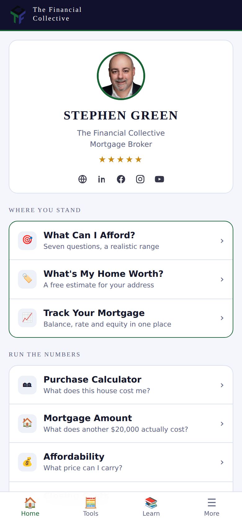 The Home tab of the TFC app, showing Stephen Green's profile, the pre-qualification tool, a home value estimate, mortgage tracking and the first of the calculators.