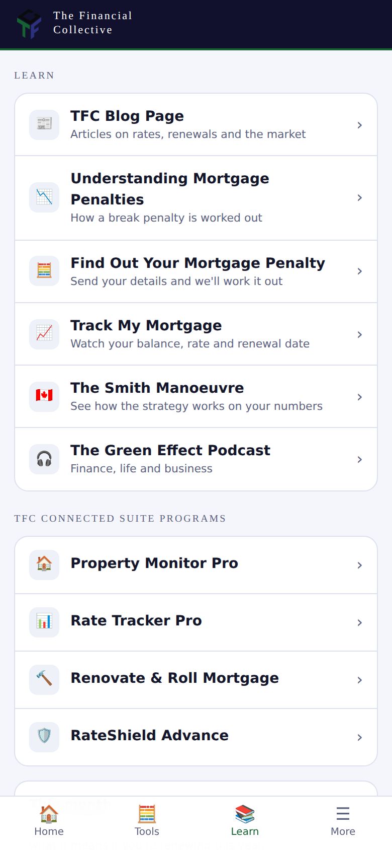 The Learn tab, listing articles, penalty explainers, the podcast, the video library and the guides.