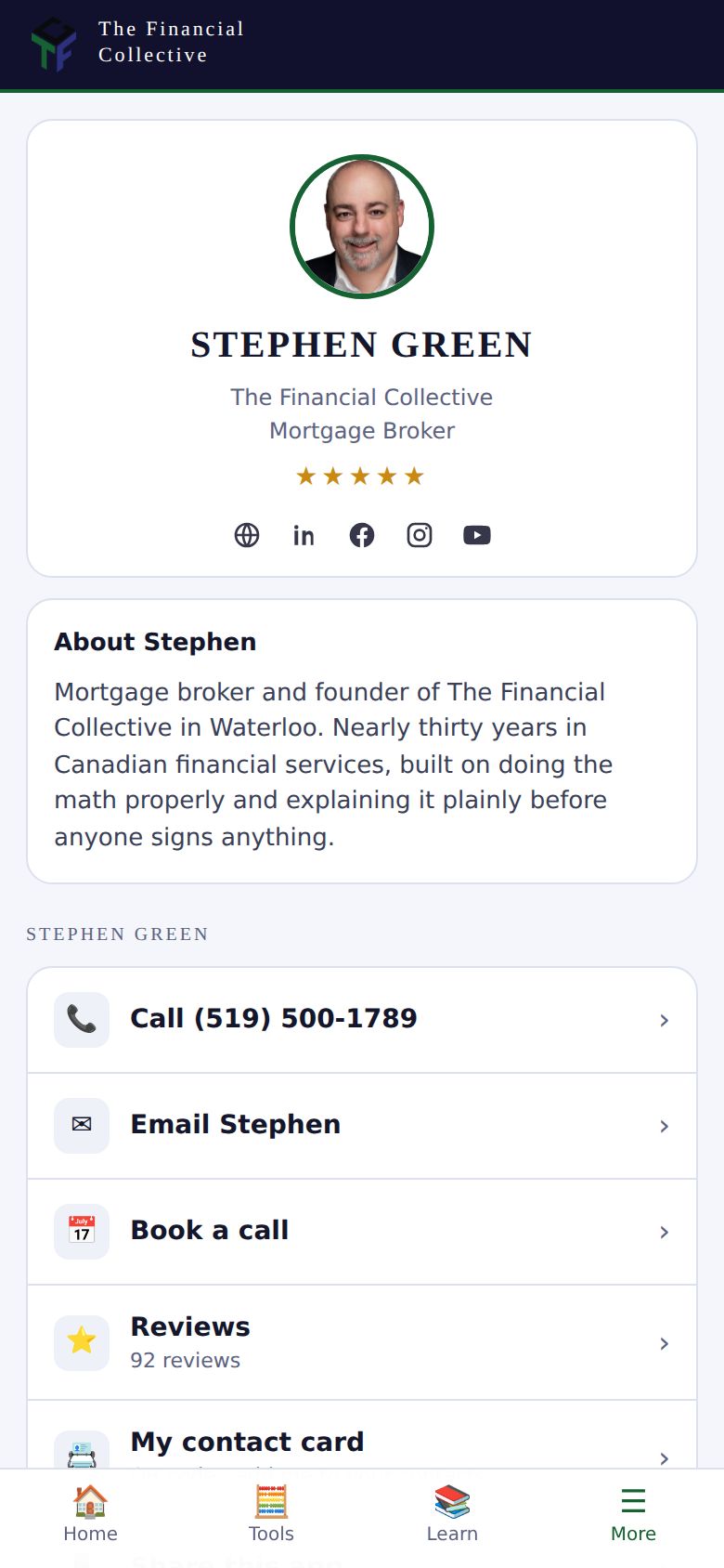 The More tab, with call, email, book a call and share buttons, and the light and dark appearance setting.