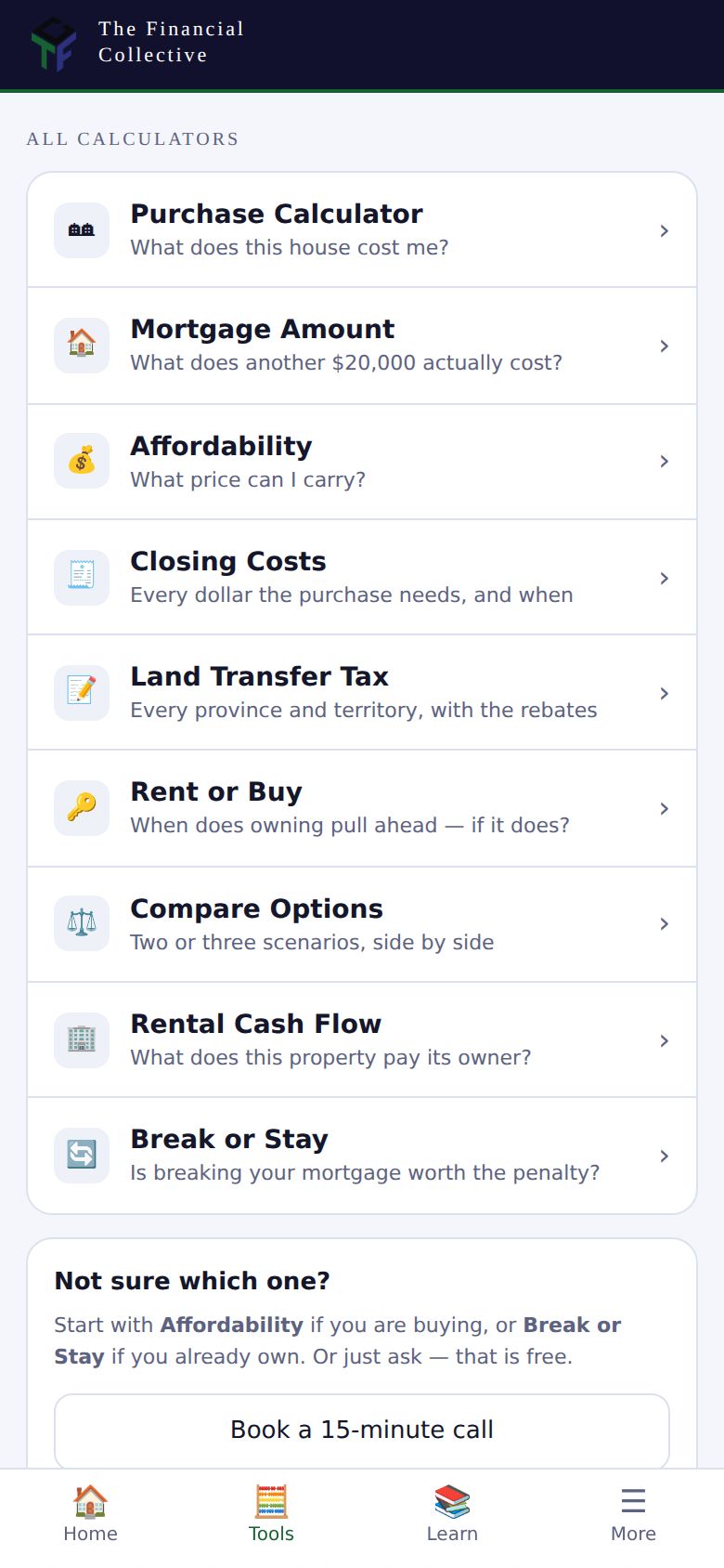 The Tools tab, listing the nine Canadian mortgage calculators.