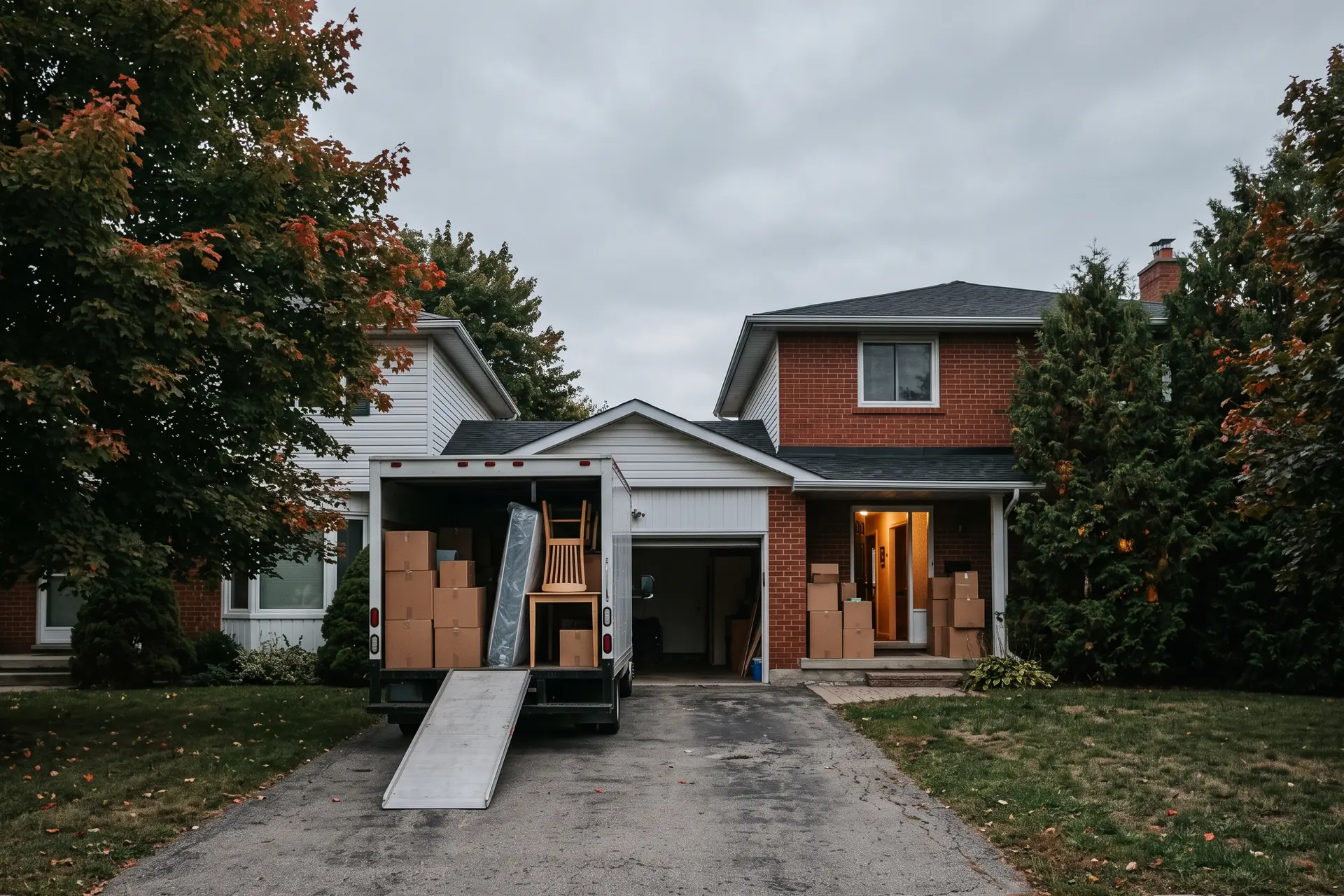 A moving truck backed up to the garage of a red-brick Ontario house on an overcast autumn evening, its ramp down and half loaded, more boxes waiting on the porch beside an open front door.