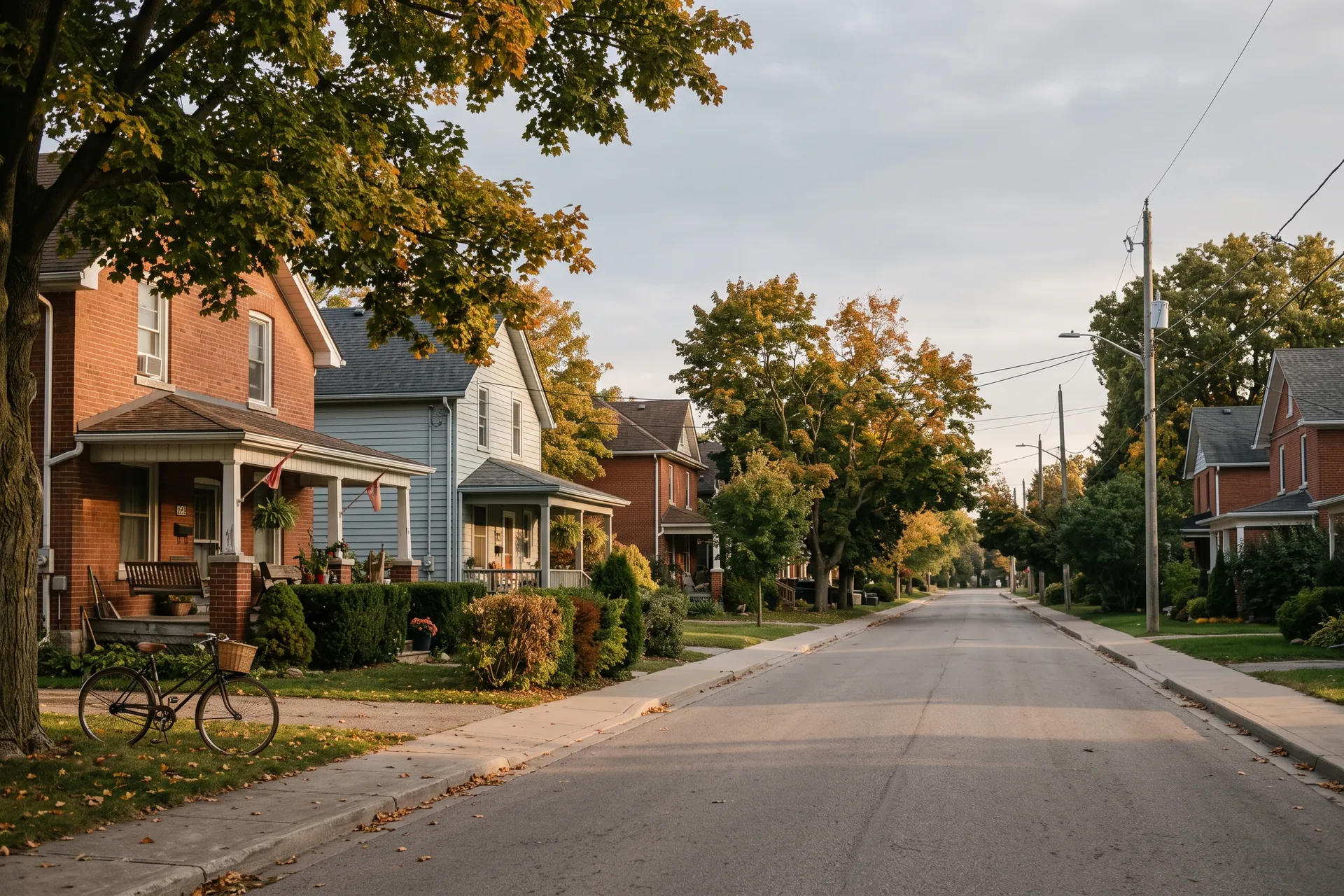 A quiet street of red brick and painted Ontario houses on an autumn afternoon, mature maples turning along the sidewalk.