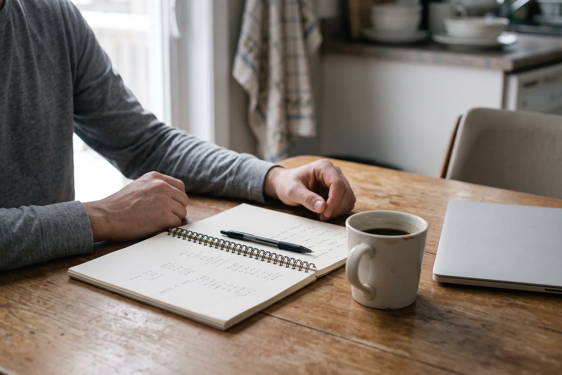 An open notebook and pen on a kitchen table with a mug of coffee and a closed laptop, hands resting nearby.