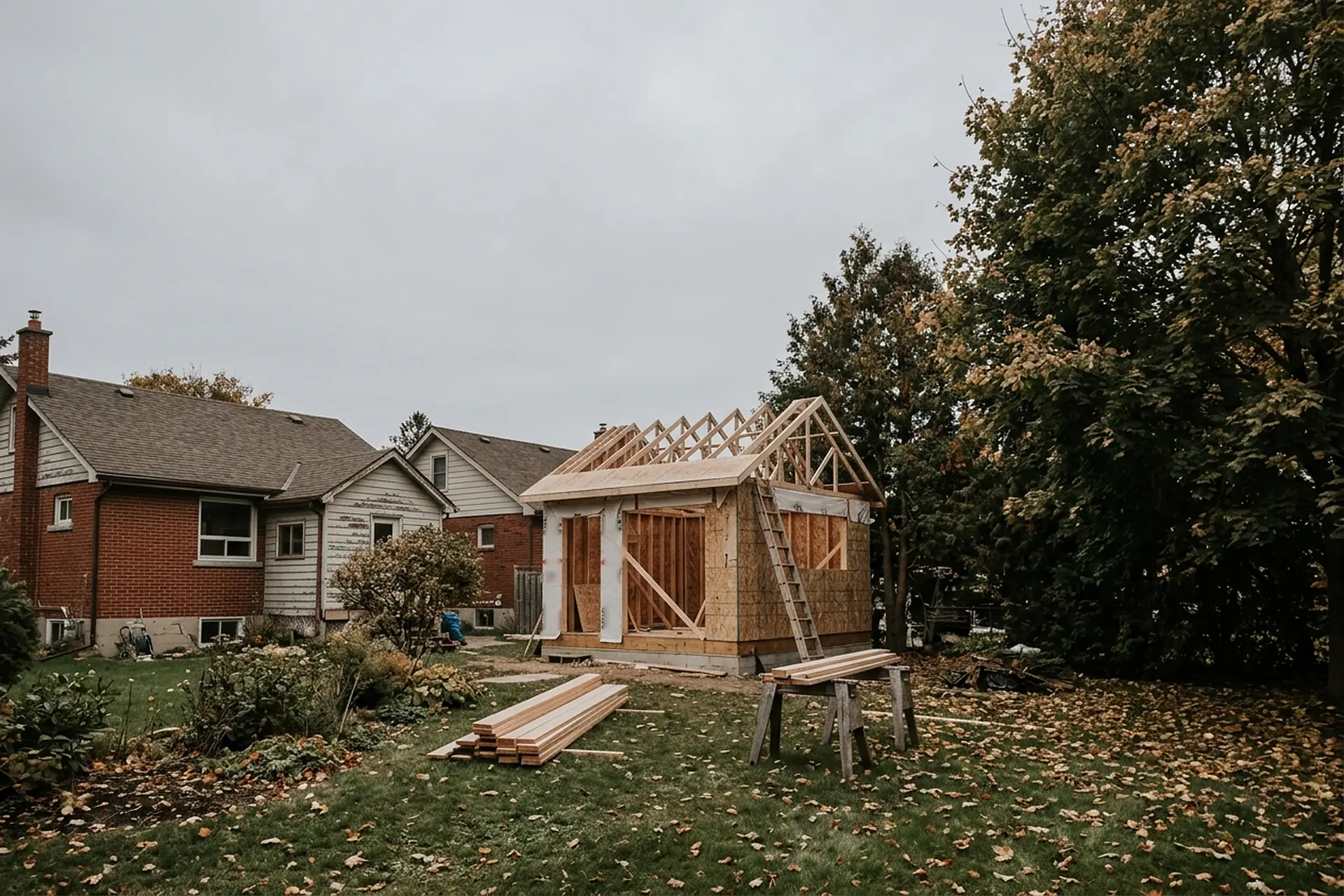 A garden suite under construction in the back garden of an ordinary Ontario house on an overcast autumn day, framing and roof trusses up and lumber stacked on the lawn.