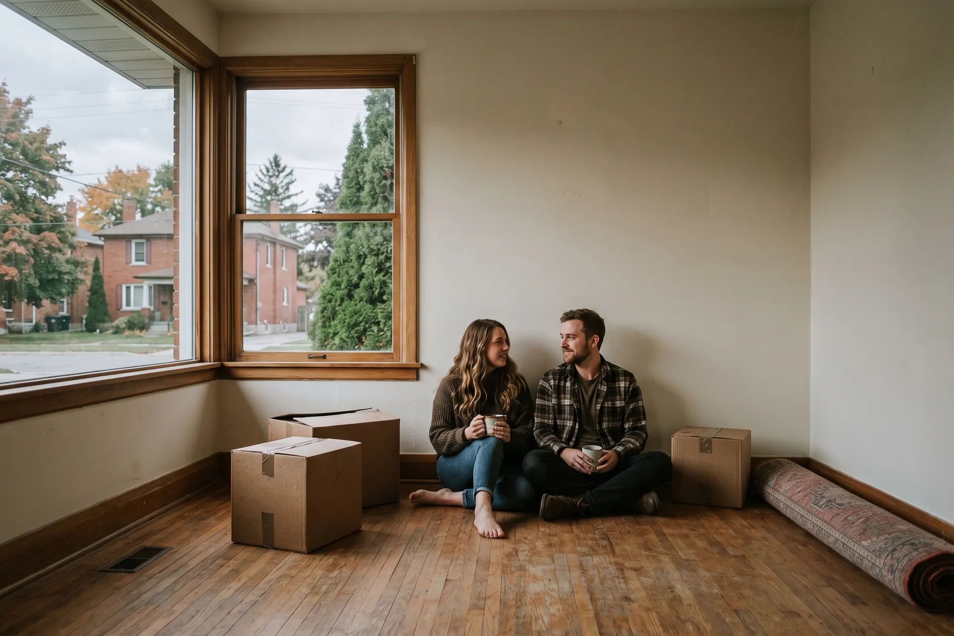 Two people sitting on the bare floor of an almost empty living room with moving boxes and a rolled rug, afternoon light through an uncurtained window.