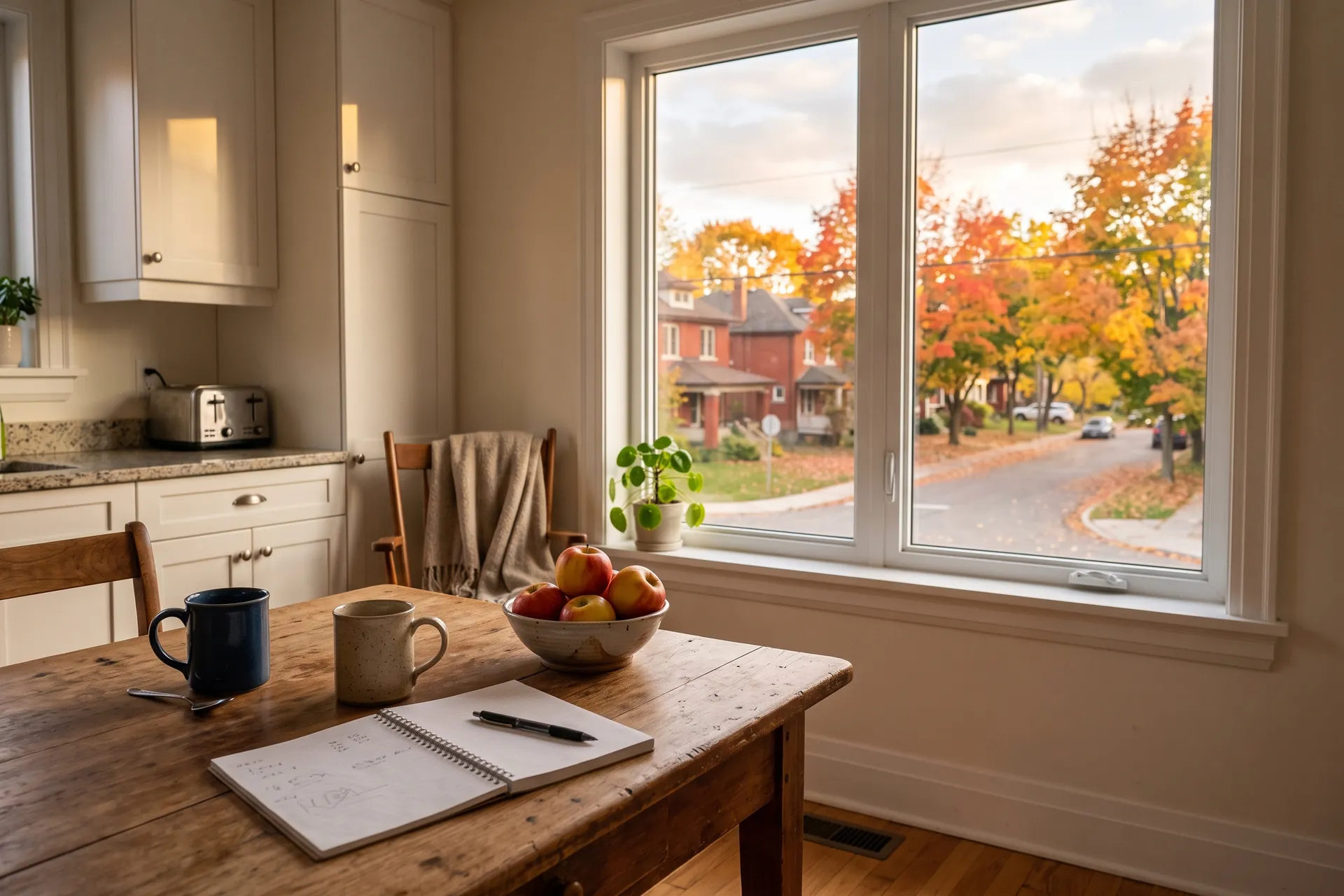 A kitchen table with coffee mugs and a notebook beside a window looking out on an autumn street