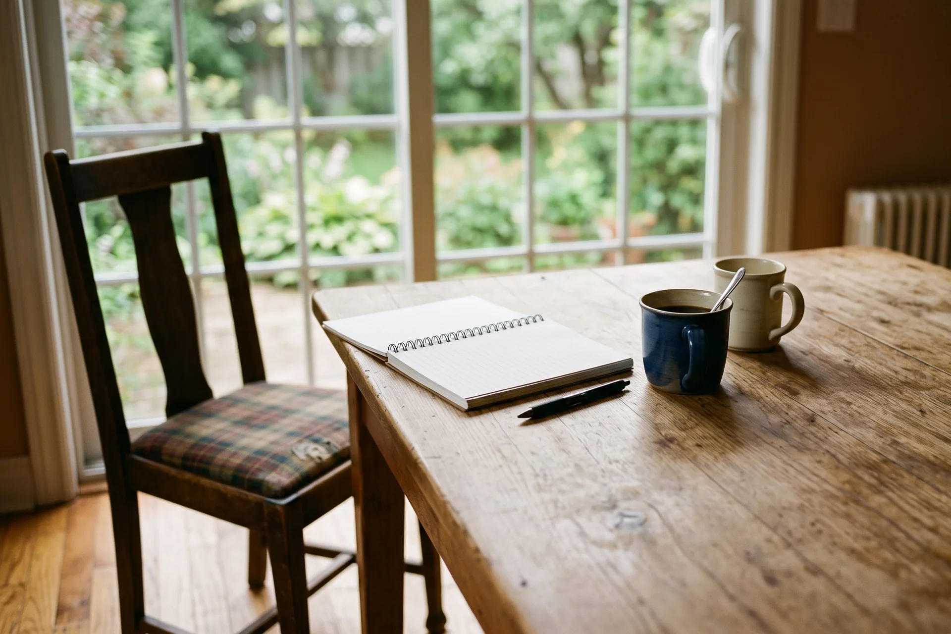 A plain wooden kitchen table in an ordinary Canadian home, with an open blank notebook, a pen and two mugs, beside a window looking onto a garden.