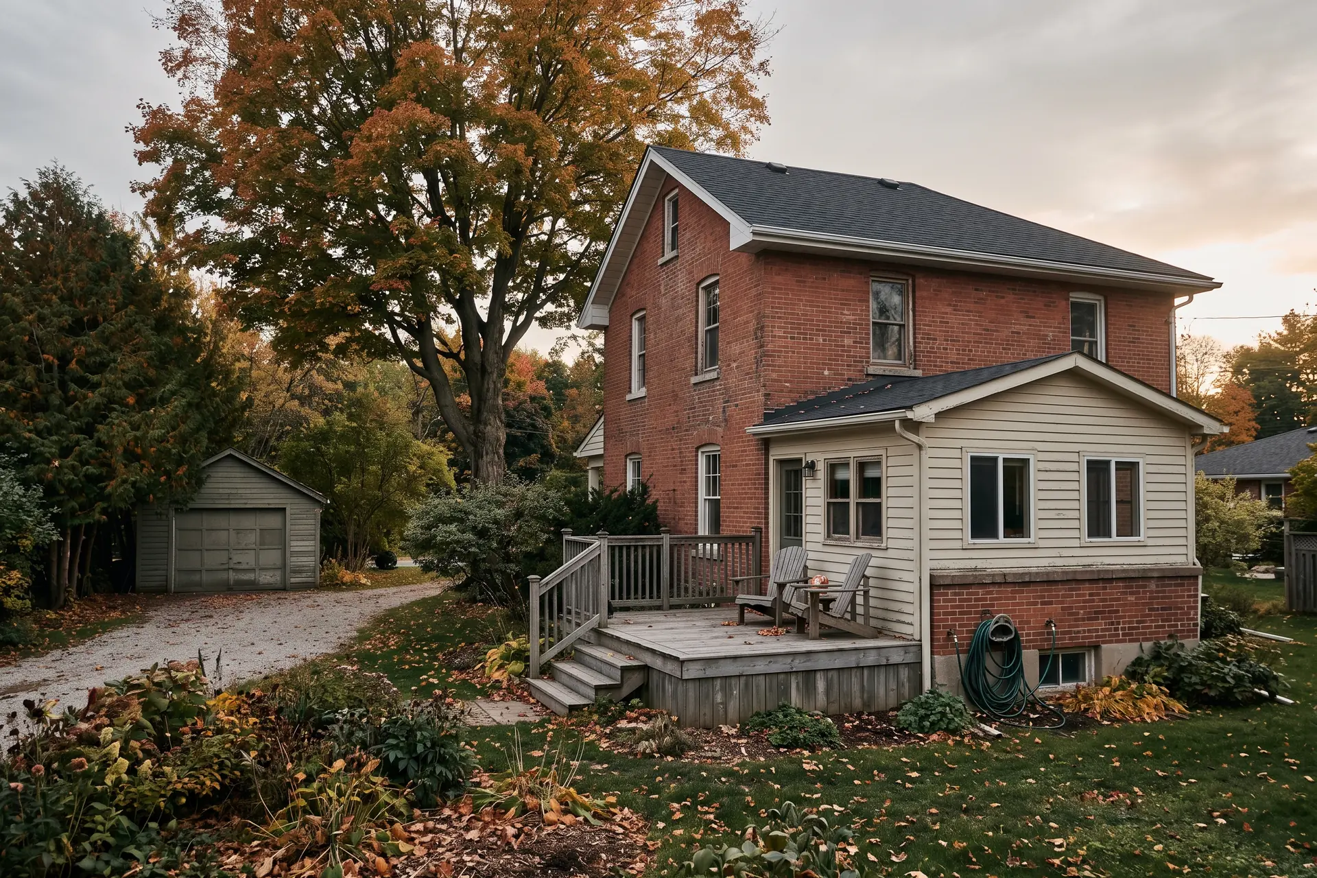 The rear of an ordinary two-storey Canadian house with a later addition and a weathered deck, photographed from the garden in late afternoon.