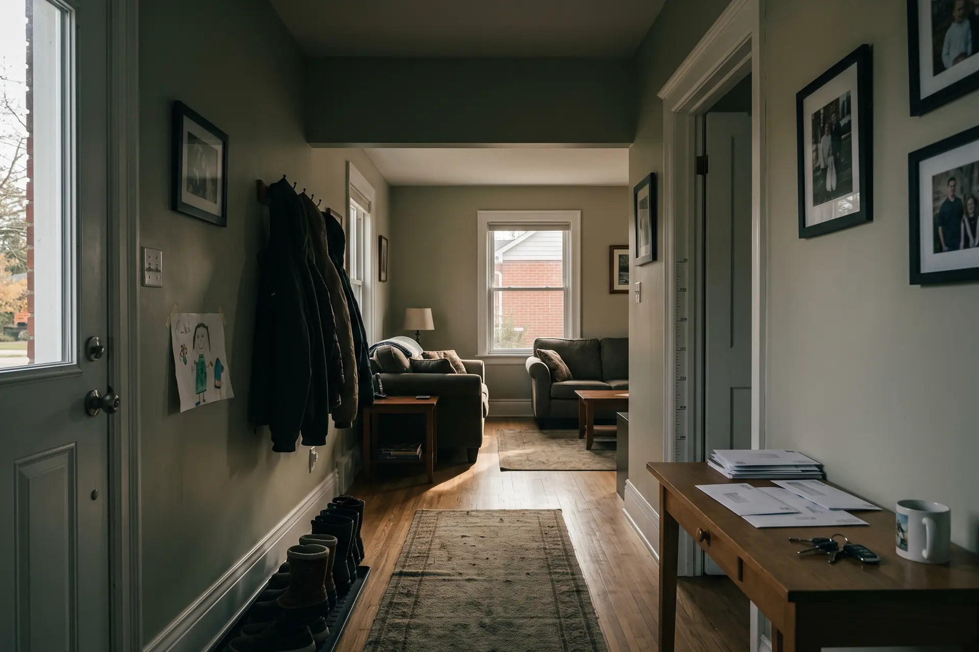 The front hall of a lived-in older Canadian home on an autumn afternoon, coats on hooks and unopened post on a side table.