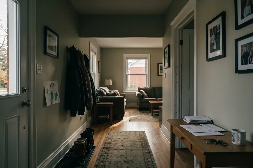 A front hallway with mail and keys on a side table