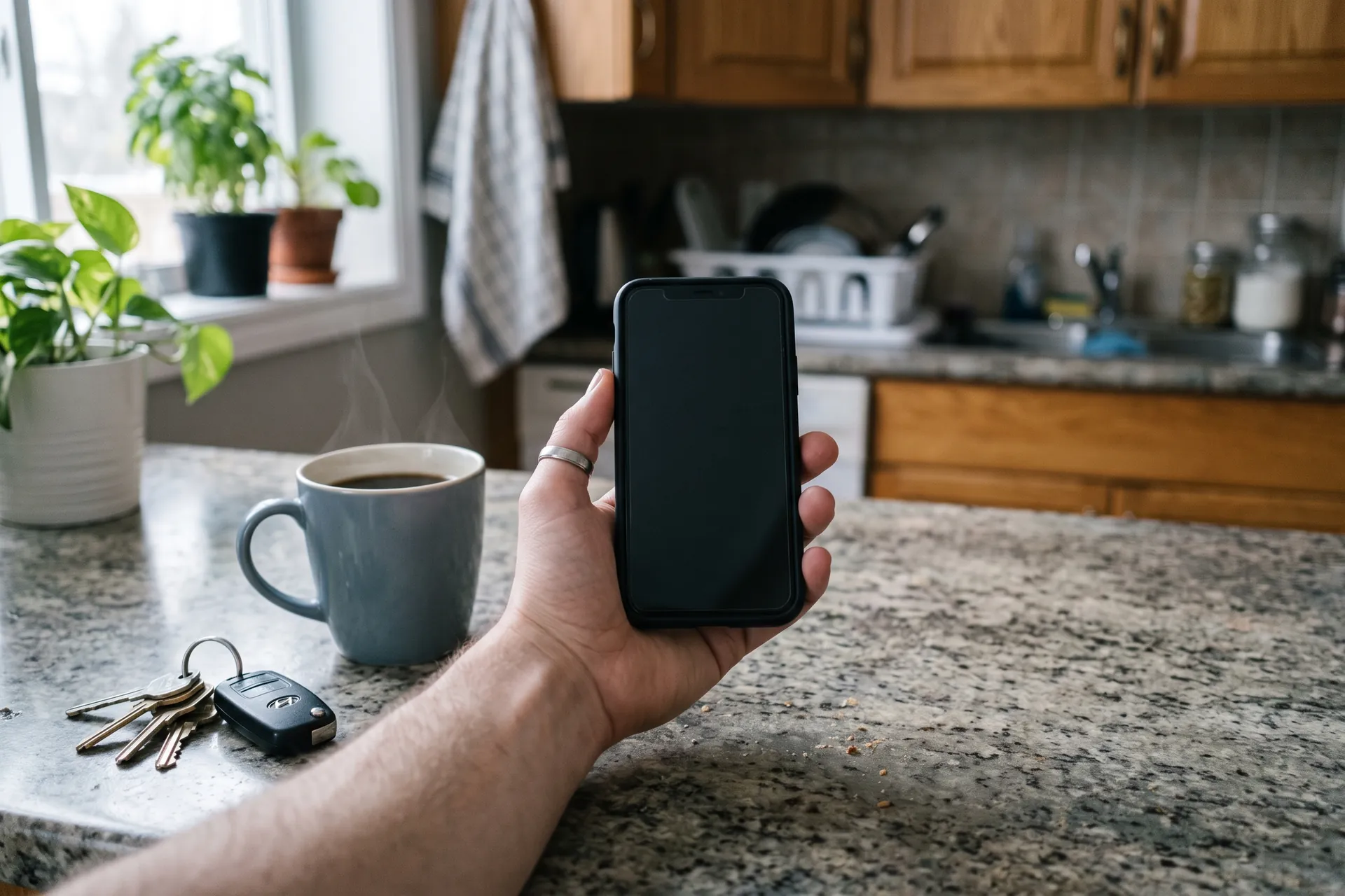 A hand holding a phone with a blank screen at a kitchen counter, a mug of coffee and a set of keys beside it.
