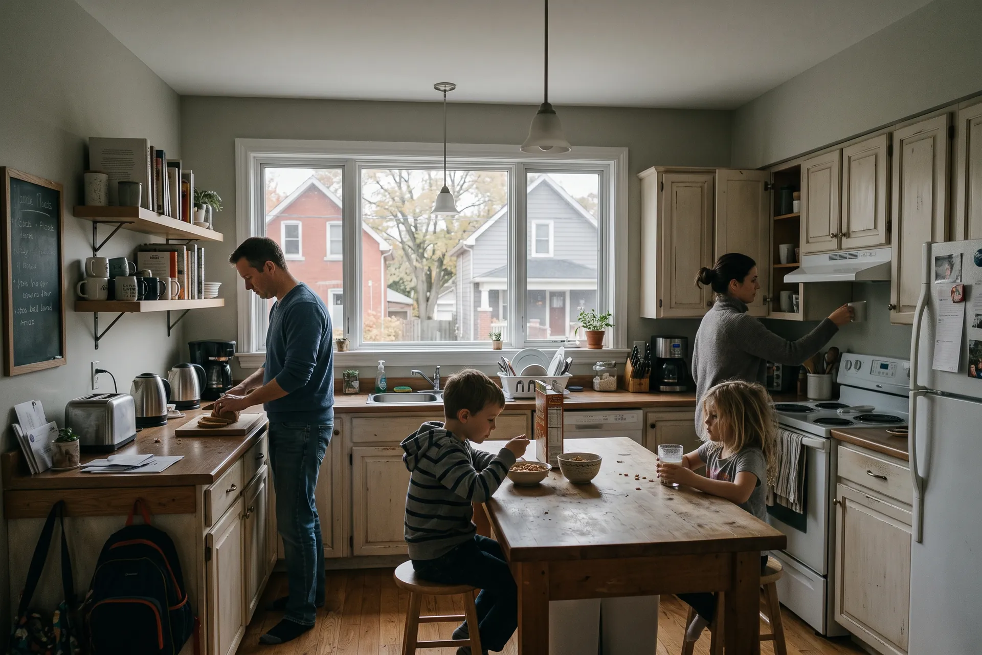 A family in the kitchen of a lived-in Canadian home on a weekday morning, two children at the table and ordinary clutter on the counter.