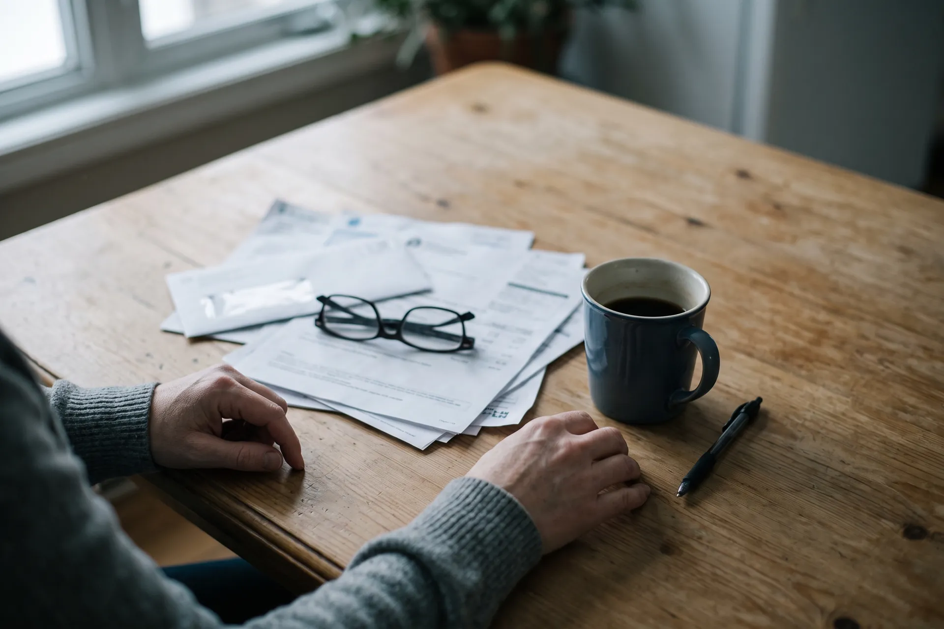 Household paperwork spread across a wooden table with folded reading glasses, a pen and a mug of coffee, hands resting at the edge.