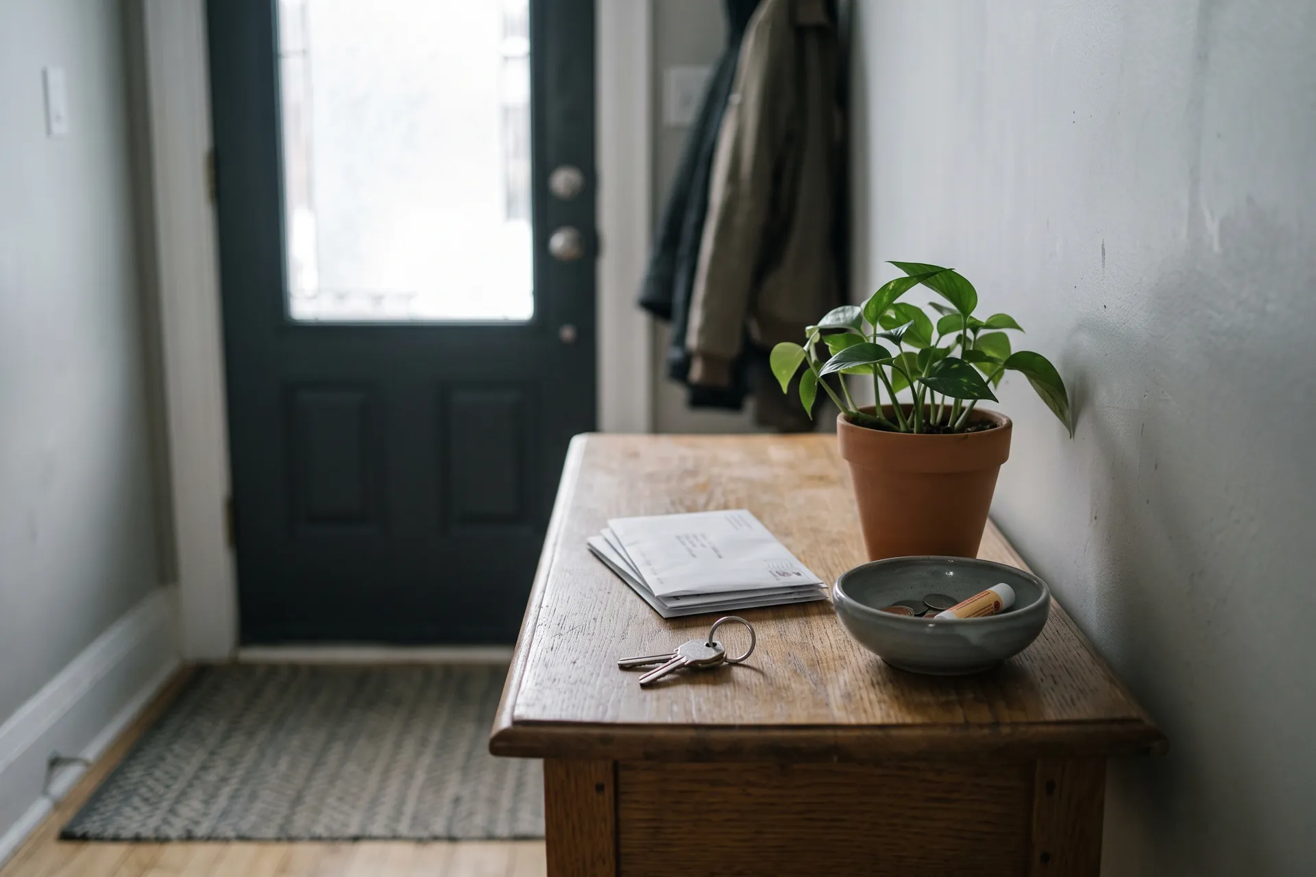 A hall table inside a front door with house keys, a small stack of unopened post, a potted plant and a dish for odds and ends.