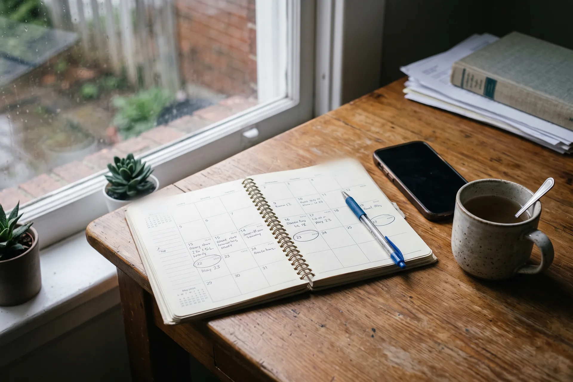 An open paper desk diary beside a window, several dates circled in pen, a phone face down and a mug of tea on the desk.