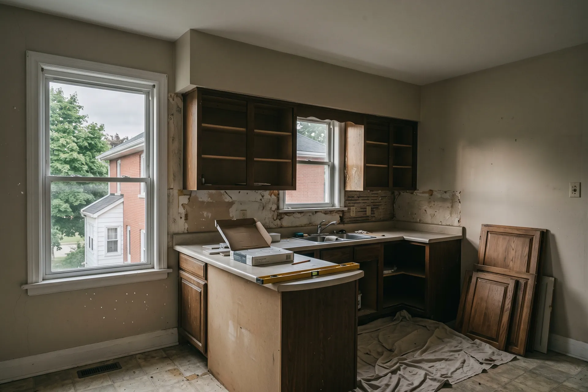 A kitchen partway through renovation, cabinet doors removed and stacked against the wall, a drop sheet across the floor.