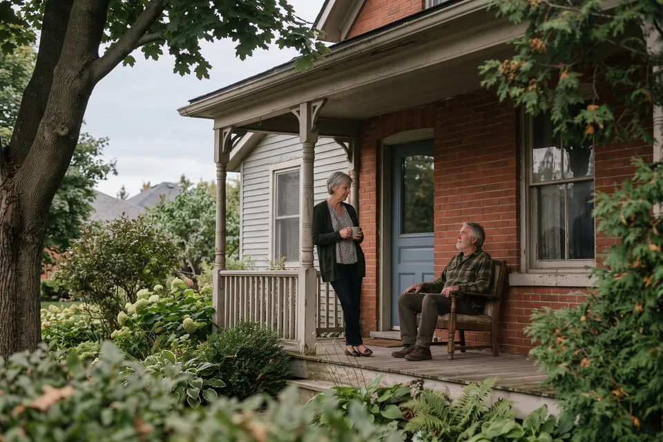 Two people talking on the front porch of a brick house